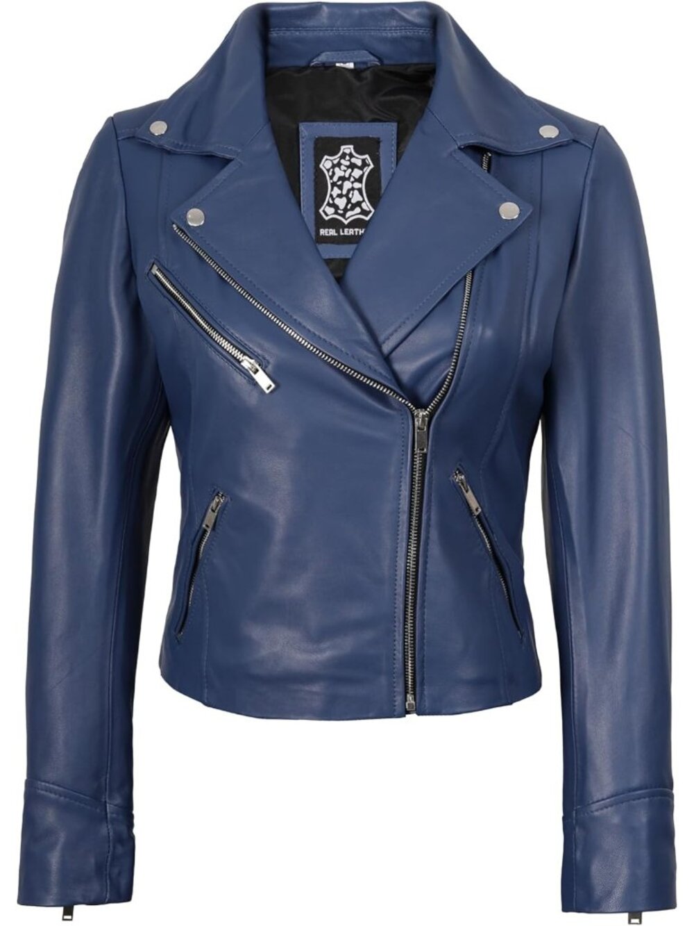 Women’s Real Lambskin Leather Asymmetrical Moto Biker Jacket- Blue